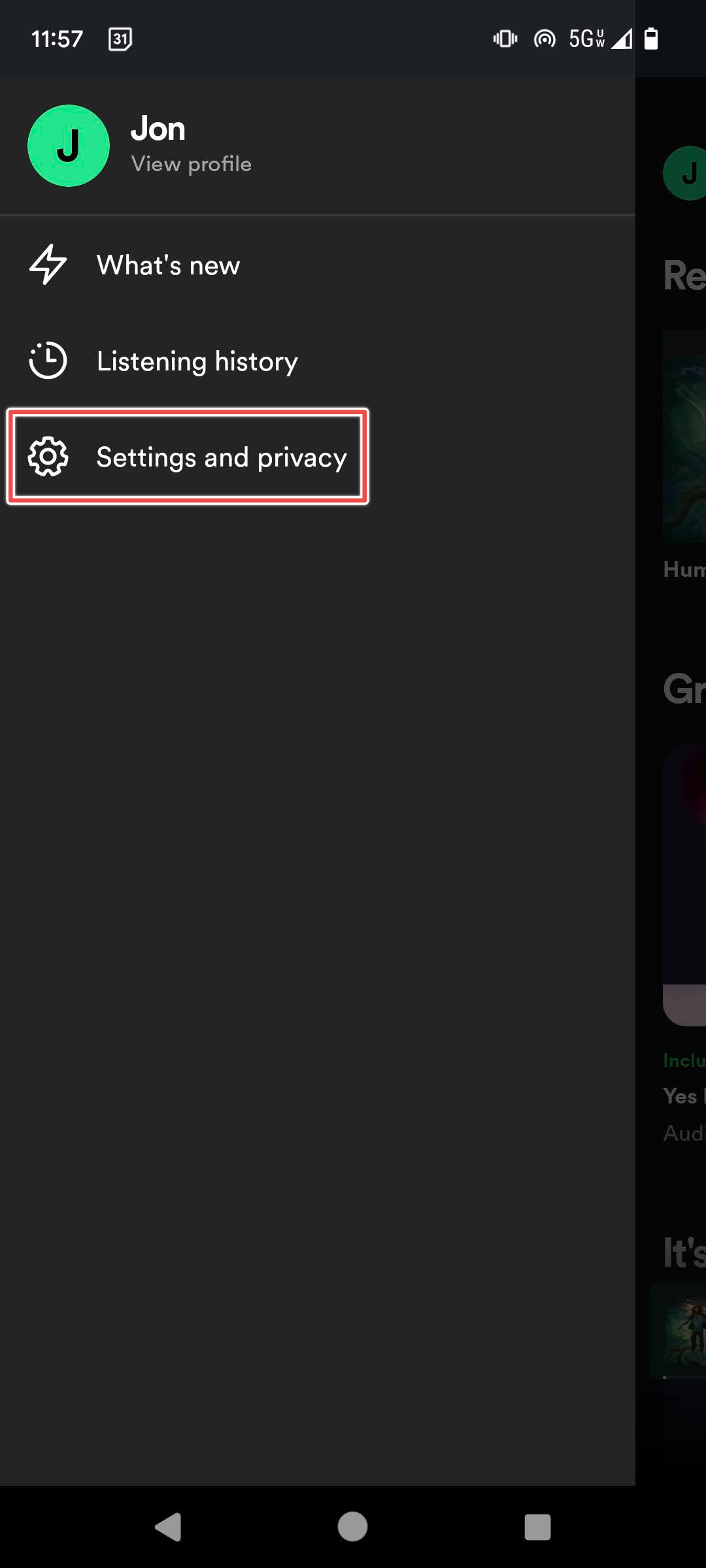 Spotify para Android com o item de menu Configurações e privacidade destacado