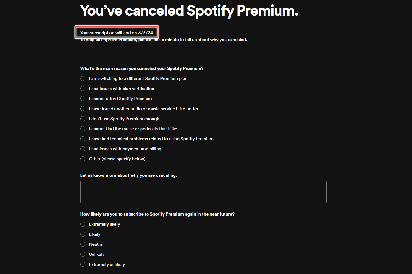 Data de término da assinatura do Spotify