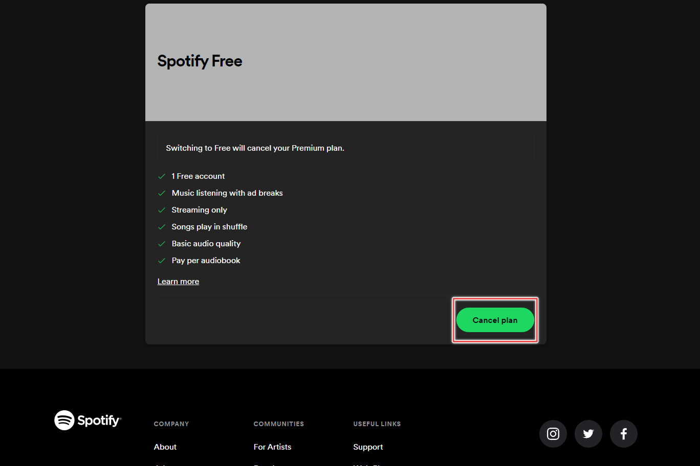 Botão cancelar plano destacado no site do Spotify