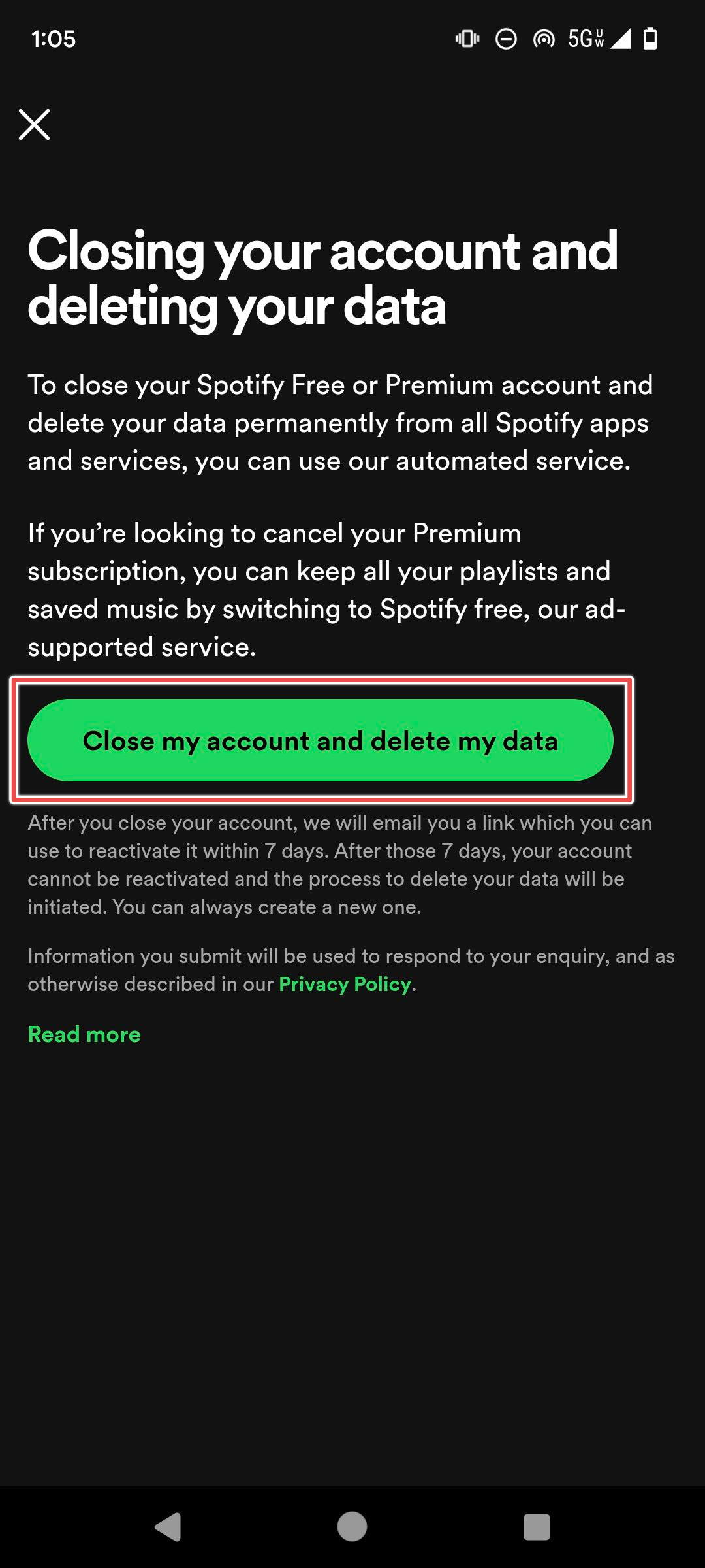Botão Fechar minha conta destacado no aplicativo Spotify para Android