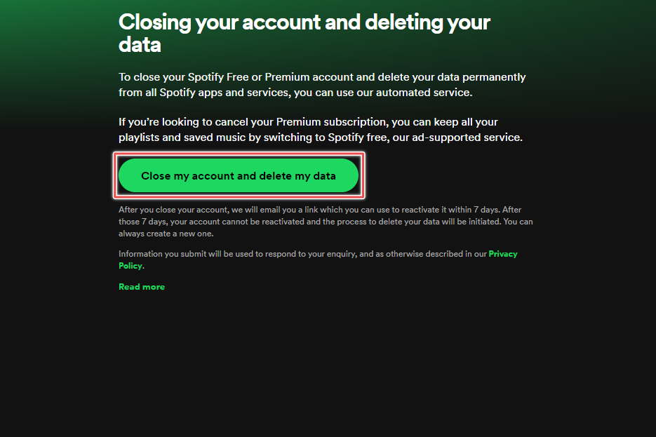 Fechar minha conta e excluir meus dados destacados no site do Spotify