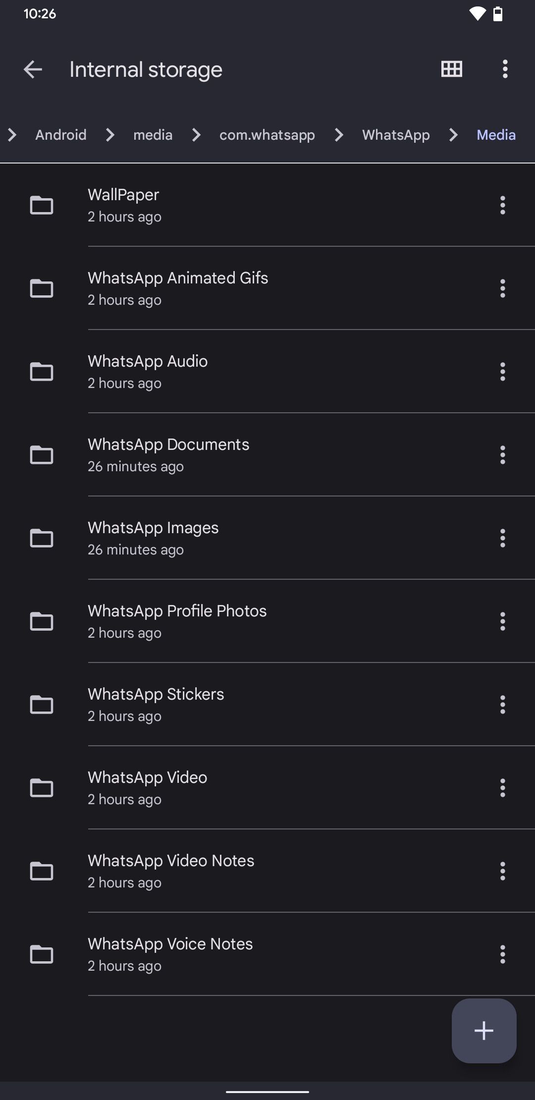 Captura de tela do aplicativo Arquivos mostrando a opção de armazenamento do WhatsApp