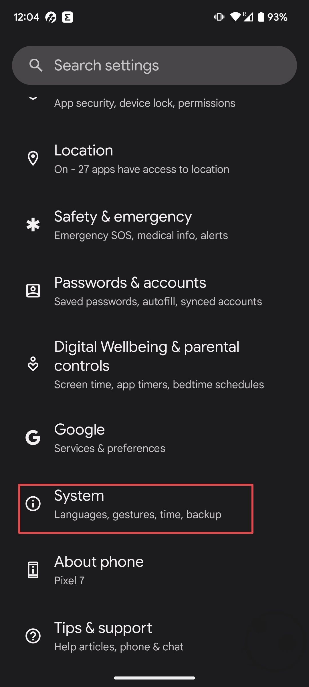 Uma captura de tela do menu Configurações do Android com a opção Sistema circulada.