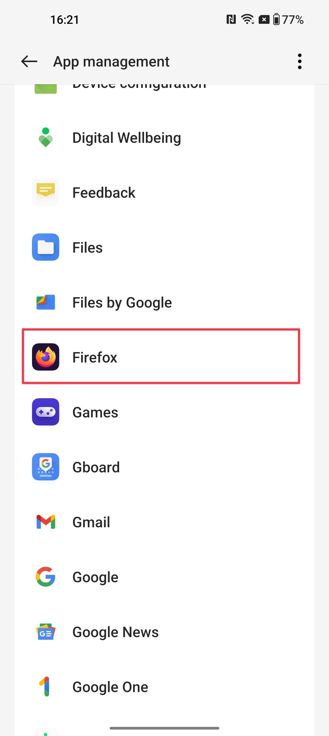 Uma captura de tela da tela de gerenciamento de aplicativos Android com o Firefox em destaque.