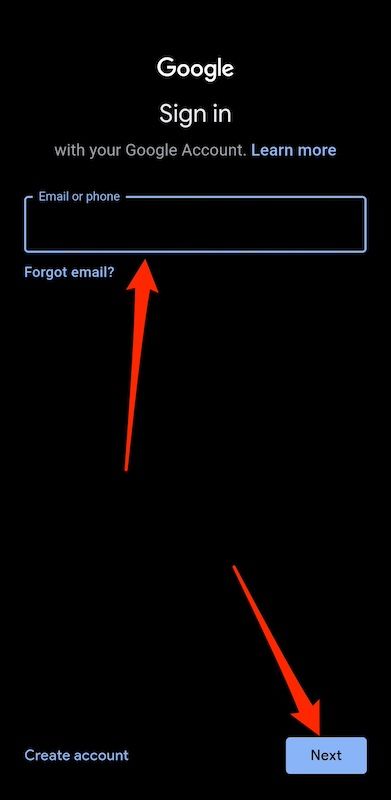 Caixa de texto do endereço de e-mail para login do Google no Android