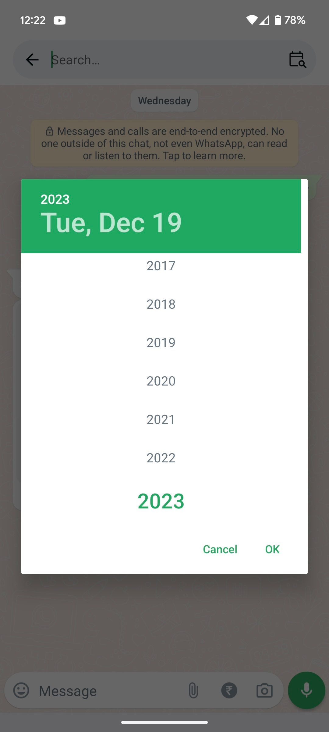 Ano de pesquisa do calendário Android do WhatsApp Beta