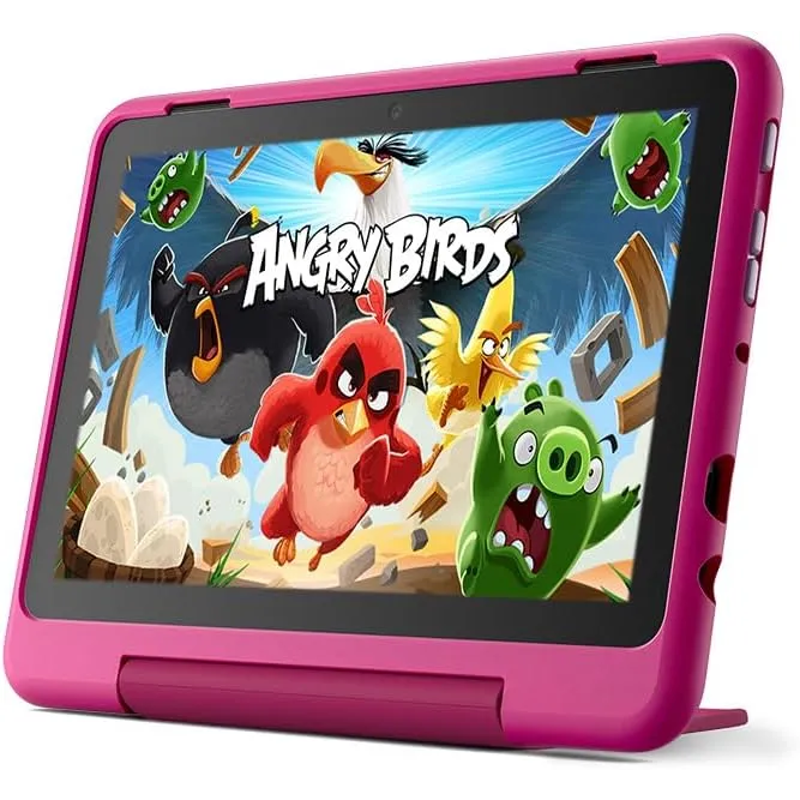 Um Fire HD 8 Kids Pro rosa posicionado em ângulo com Angry Birds na tela