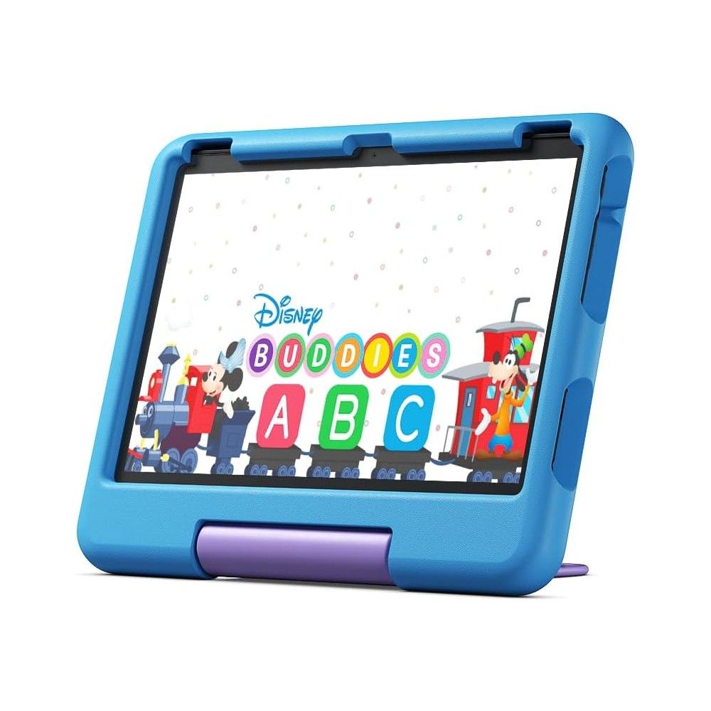 Um tablet Amazon Fire HD 10 Kids com capa resistente azul