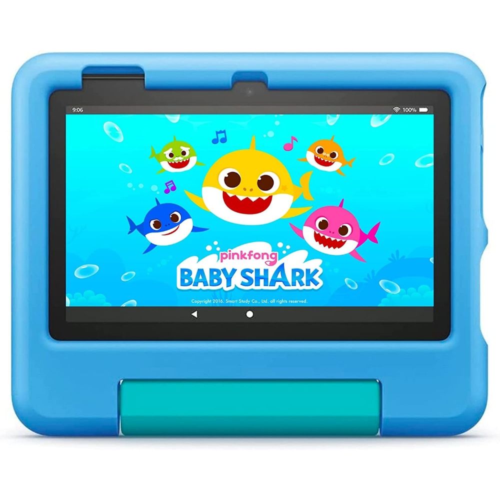 tablet infantil amazon fire 7 com Baby Shark em exibição