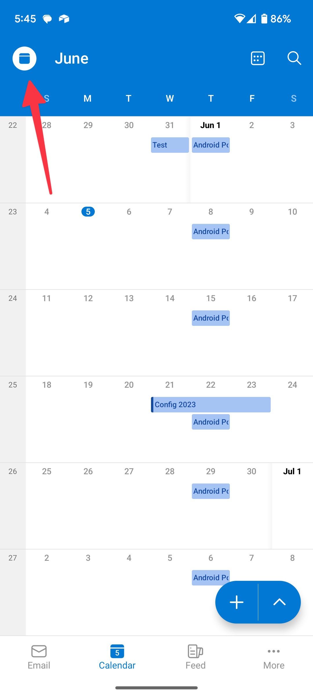 Abra o menu de calendários no Android para Outlook