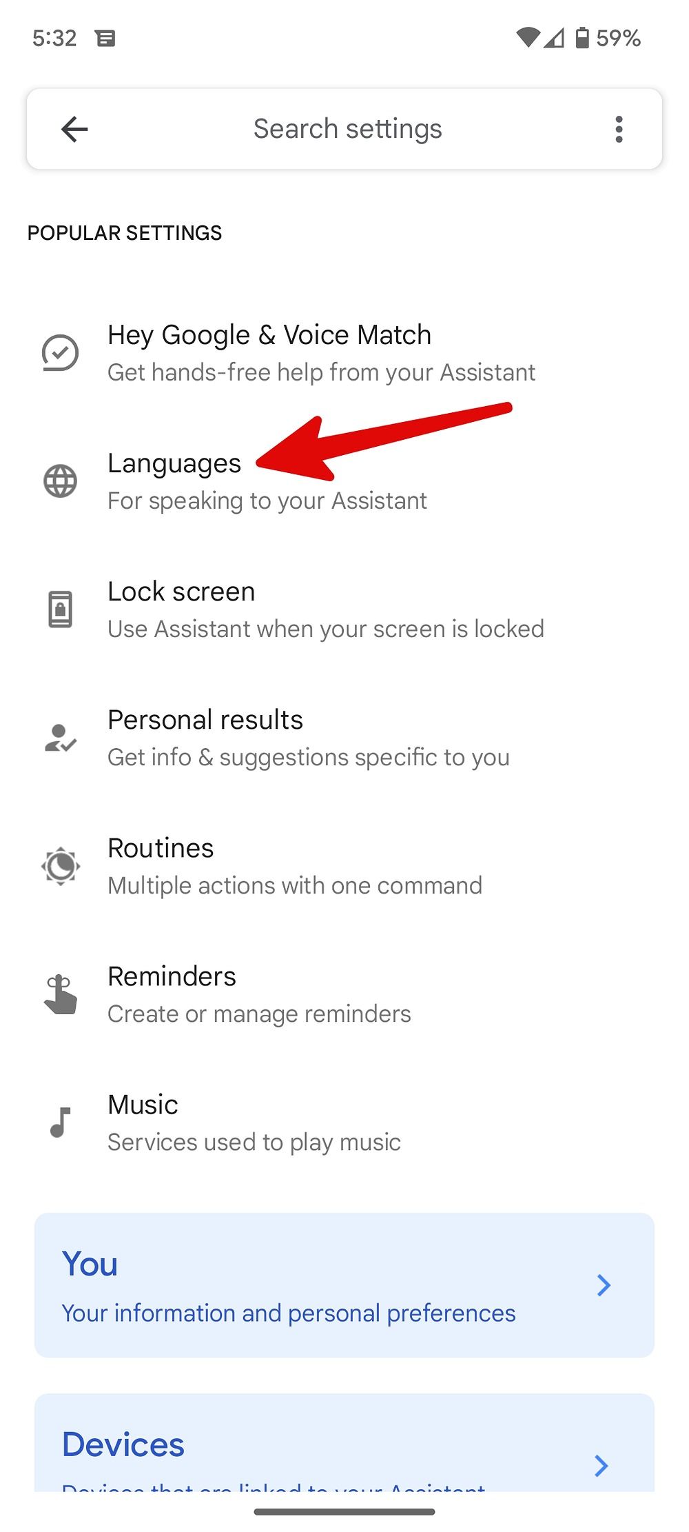 Captura de tela da opção de idiomas no menu do Google Assistant