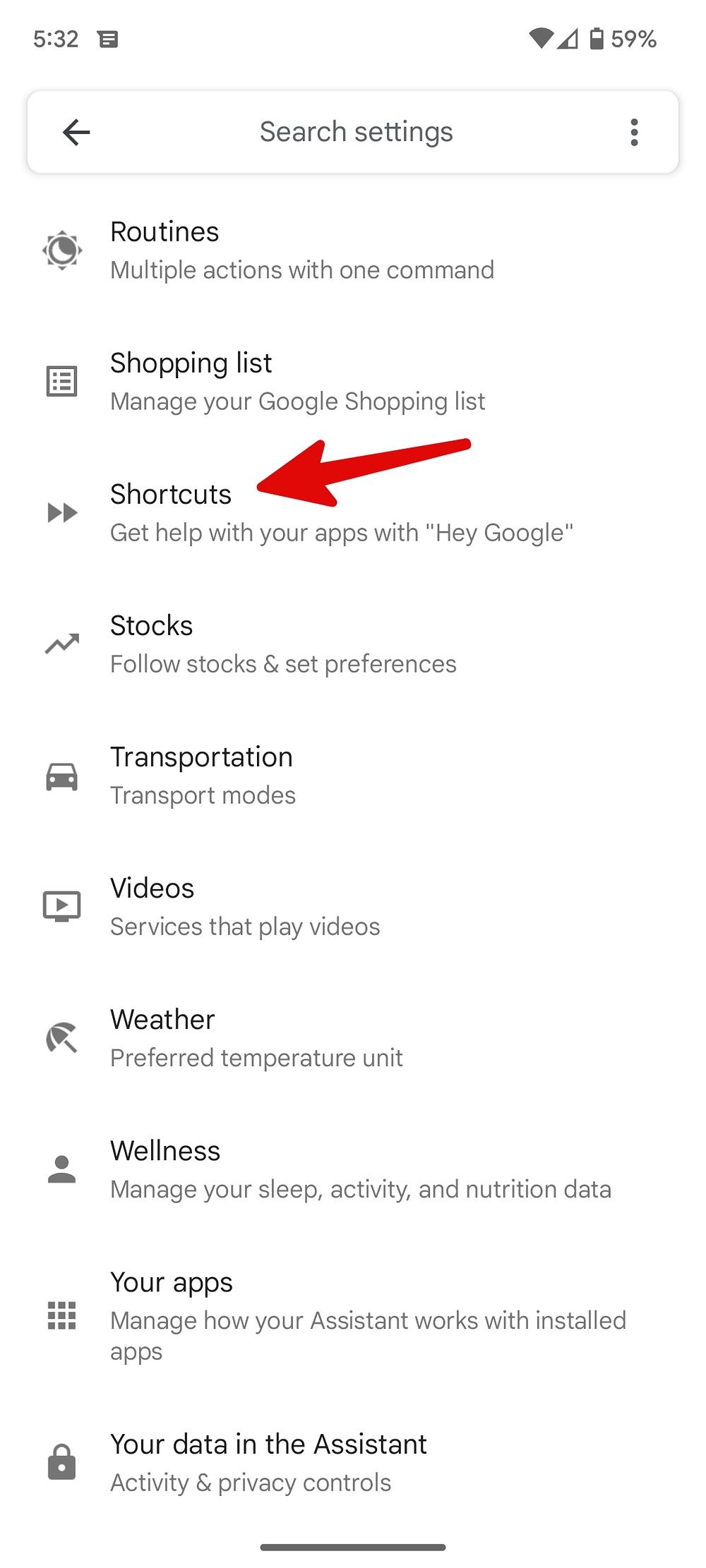 Captura de tela da opção de atalhos no menu do Google Assistant