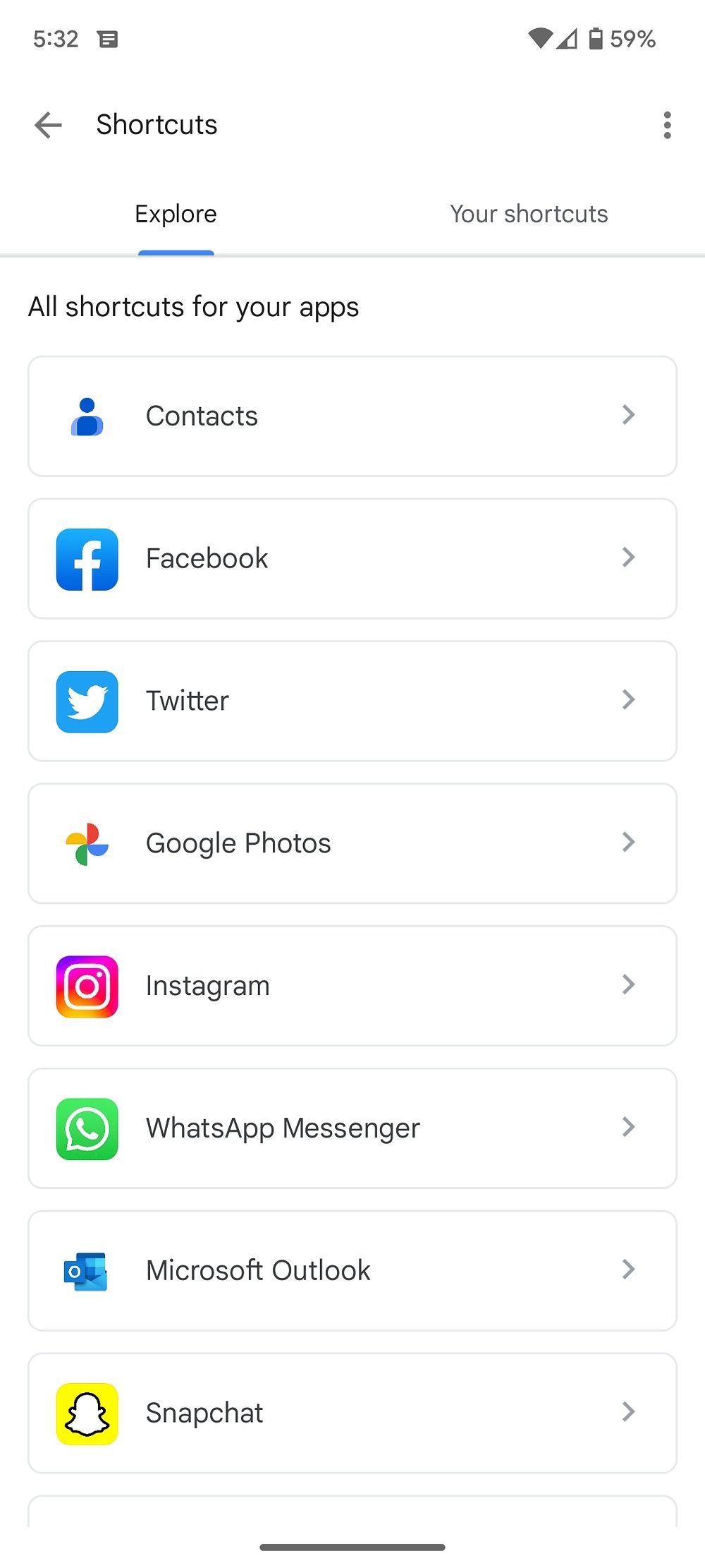 Captura de tela das opções de exploração no Android