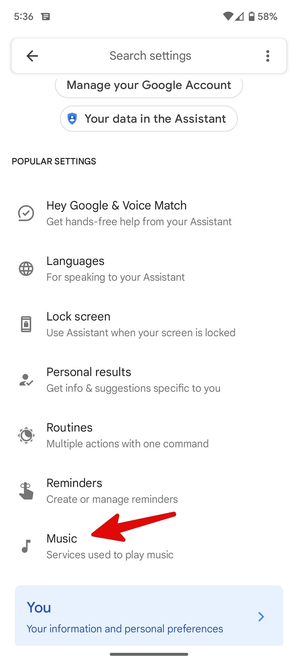 Captura de tela da opção de música nas configurações do Google Assistant