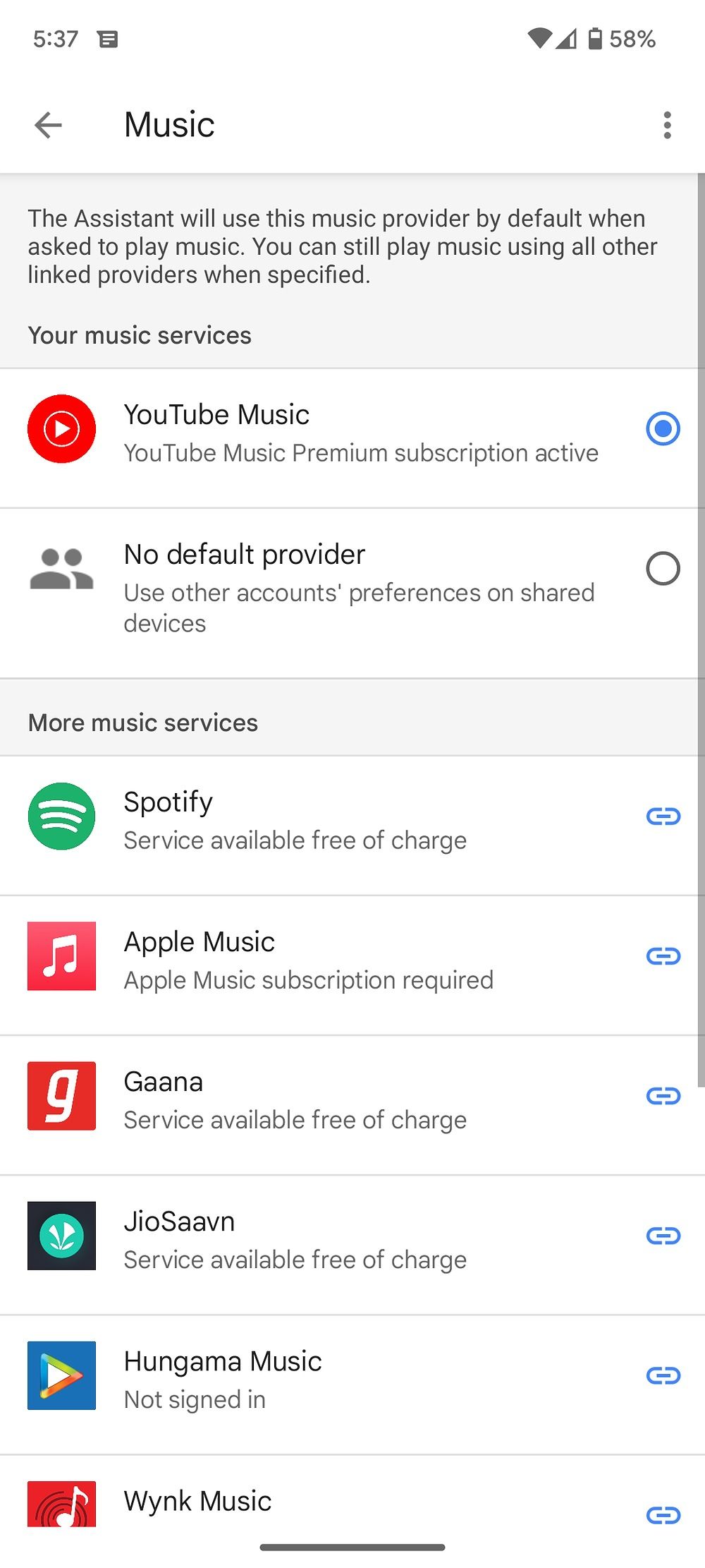 Captura de tela dos aplicativos de música disponíveis nas configurações do Google Assistant