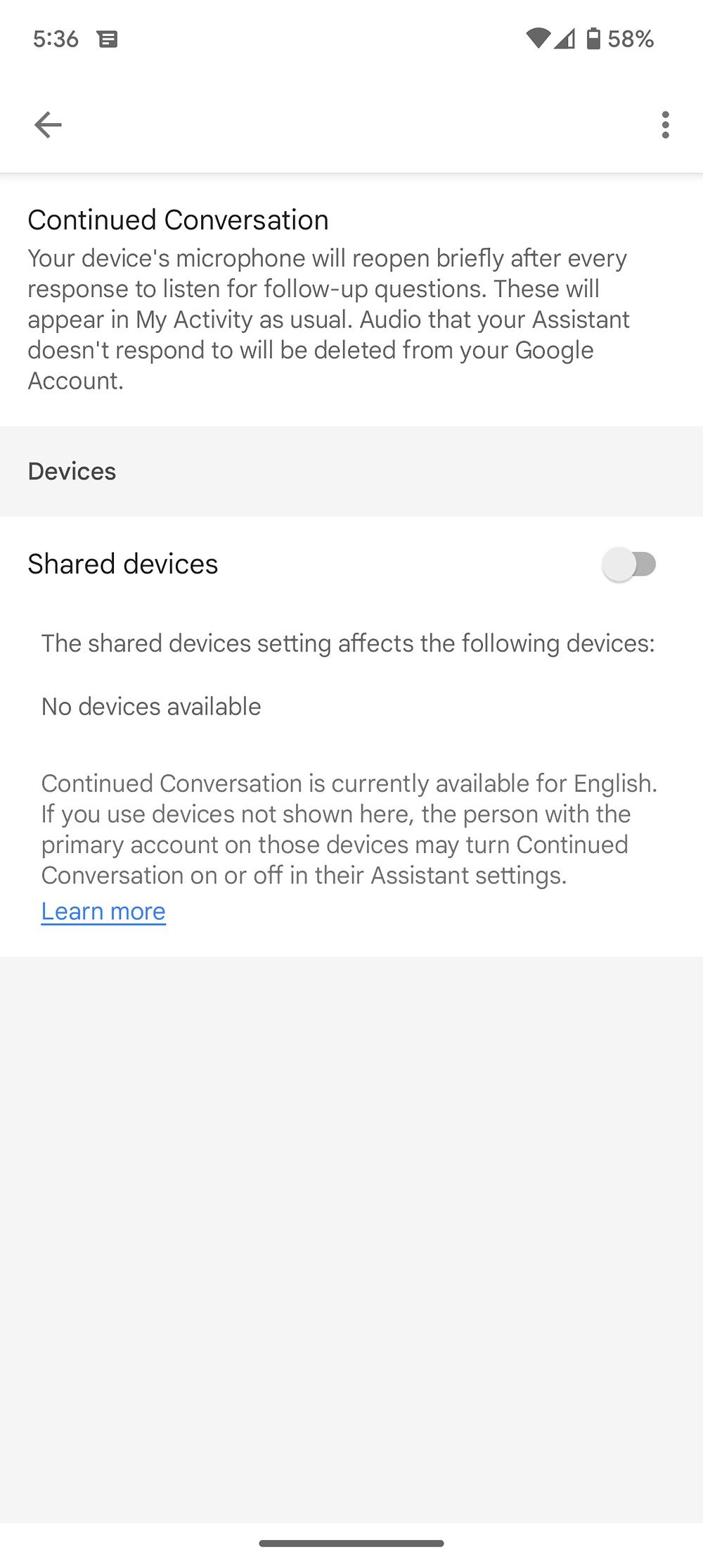 Captura de tela da opção de conversa contínua e dispositivos compartilhados nas configurações do Google Assistant