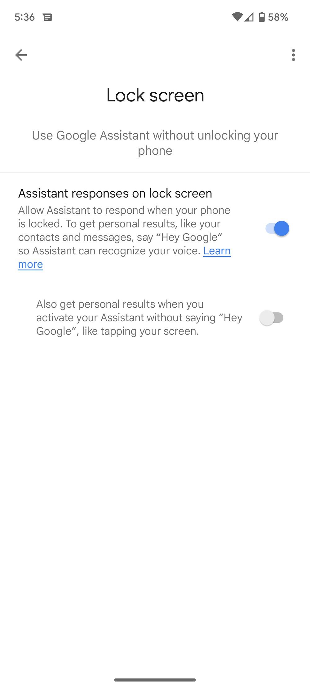 Captura de tela da opção de tela de bloqueio ativada no menu do Google Assistant