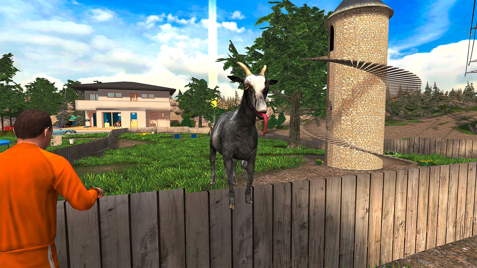 Simulador de cabra mostrando uma cabra sentada em uma cerca de madeira
