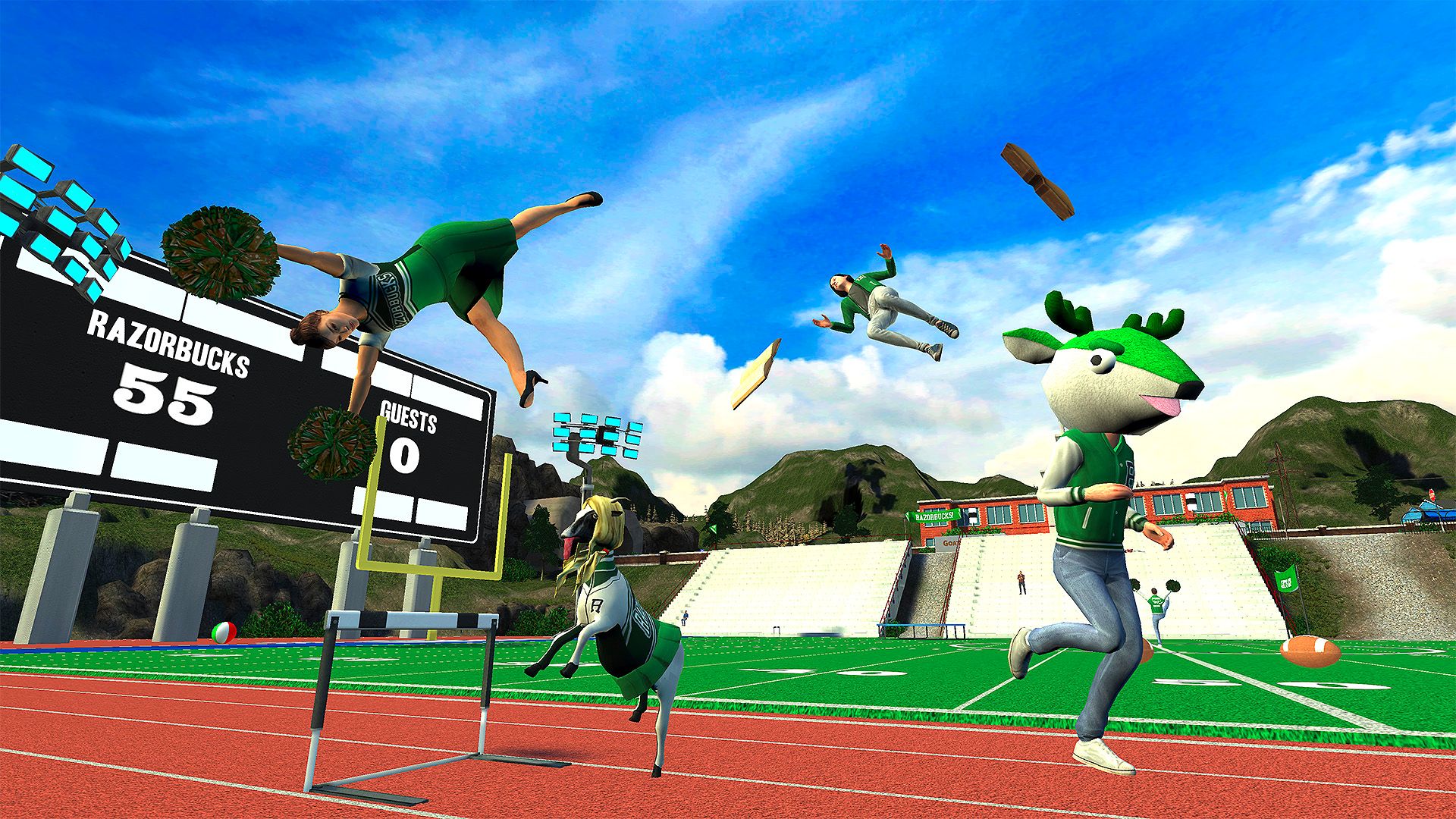 Simulador de cabra mostrando personagens em um estádio de atletismo