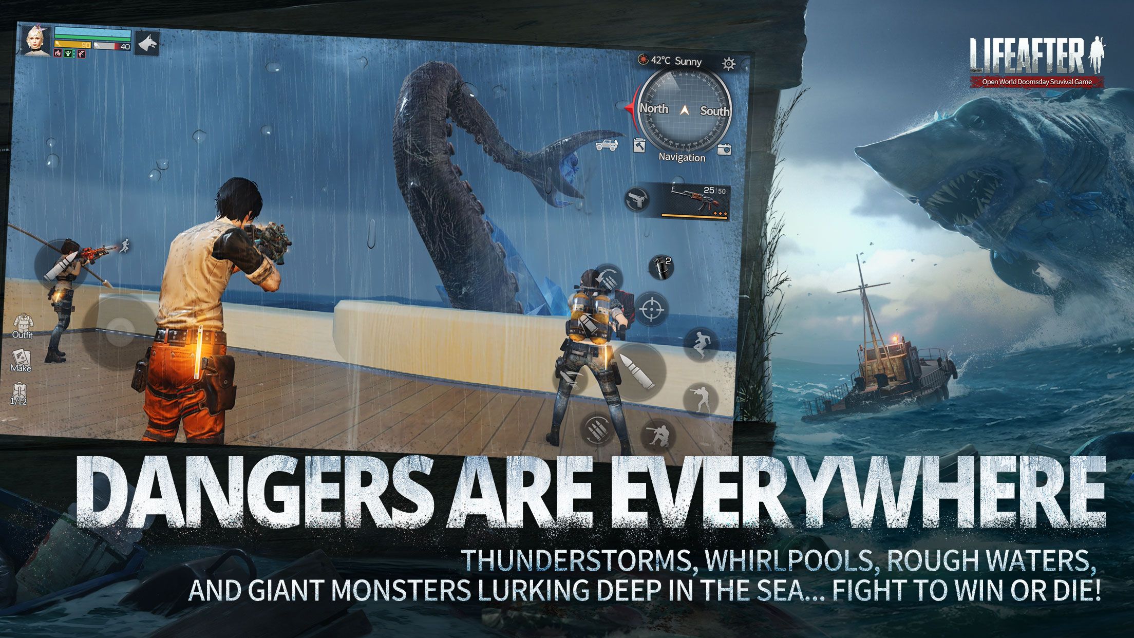LifeAfter mostrando um Kraken e um Megalodon