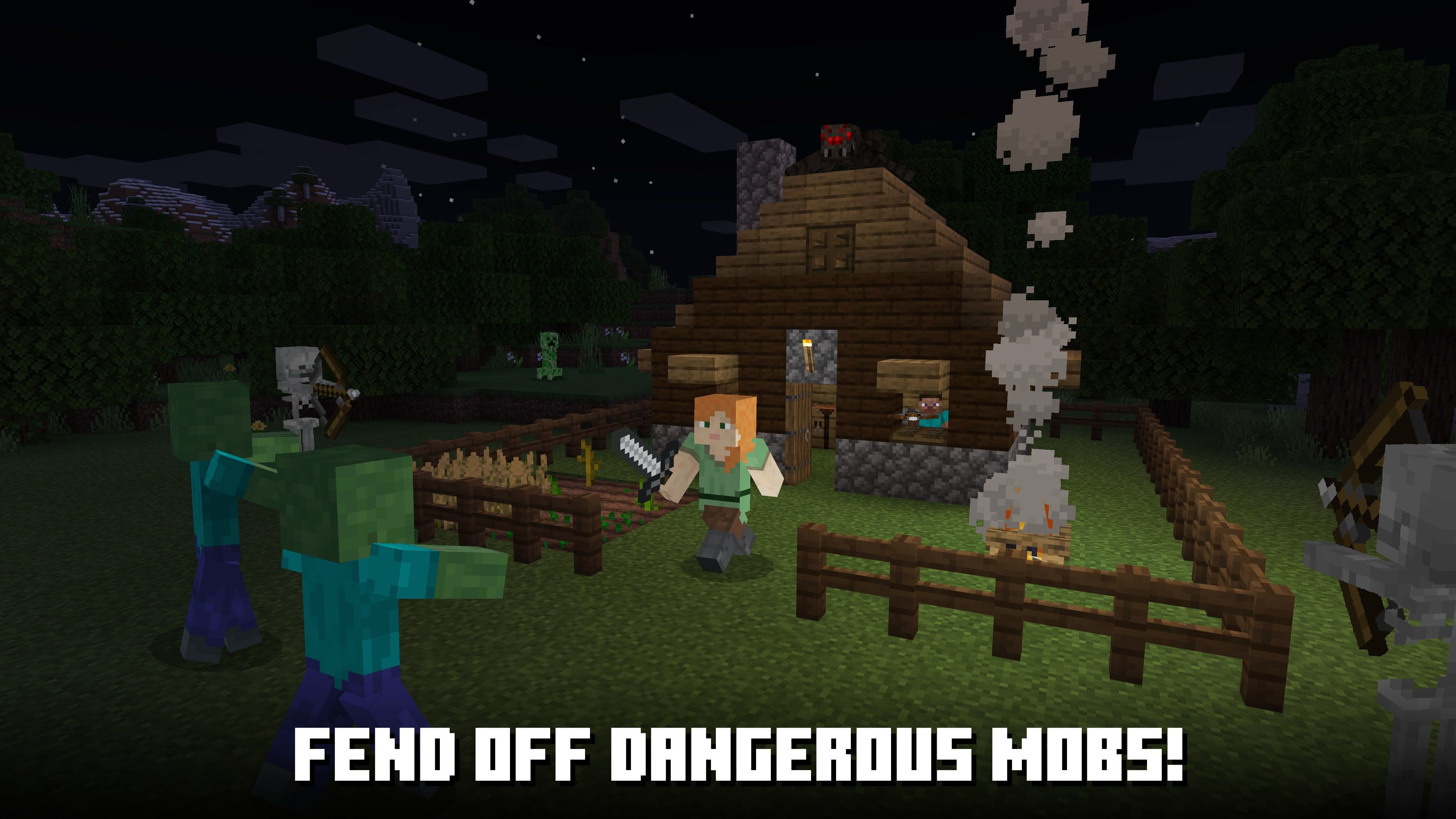 Personagem de Minecraft se defendendo de zumbis perto de uma casa