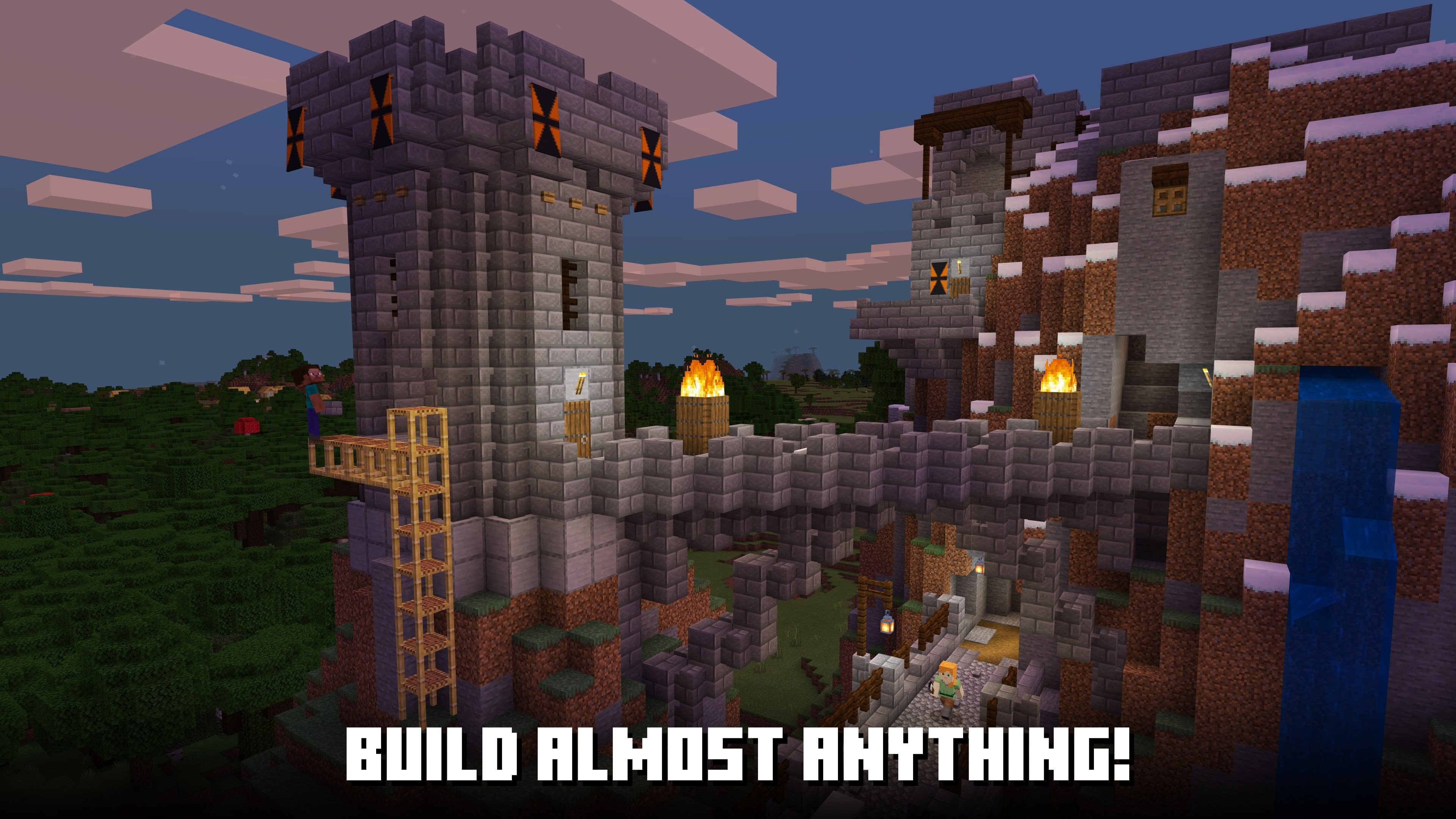 Castelo Minecraft com duas tochas acesas em um viaduto