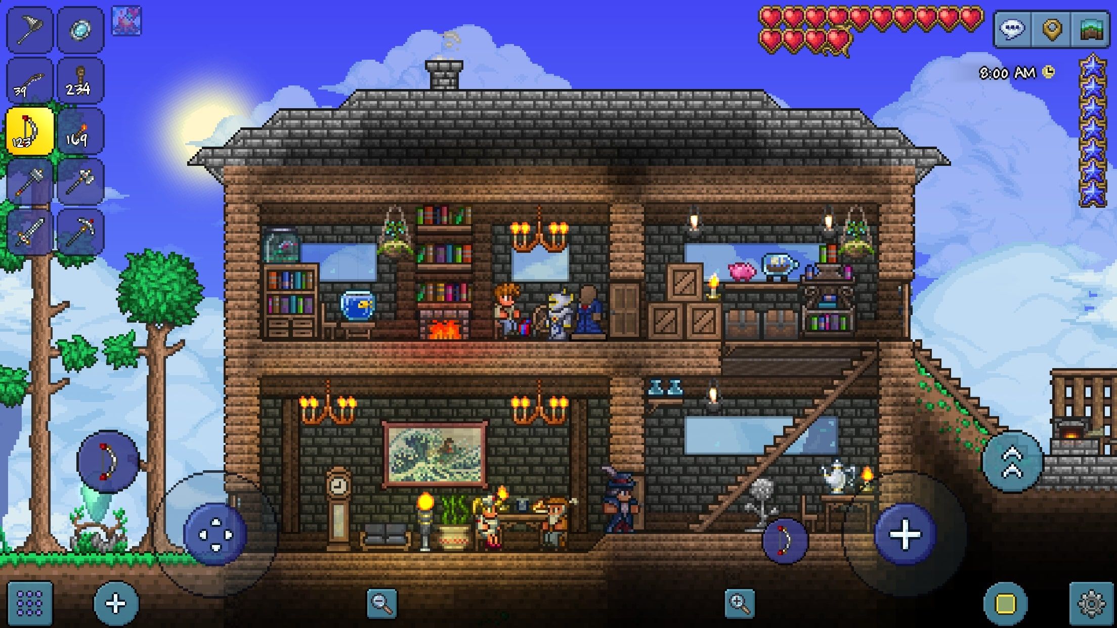 Terraria mostrando personagens em uma casa em uma perspectiva 2D