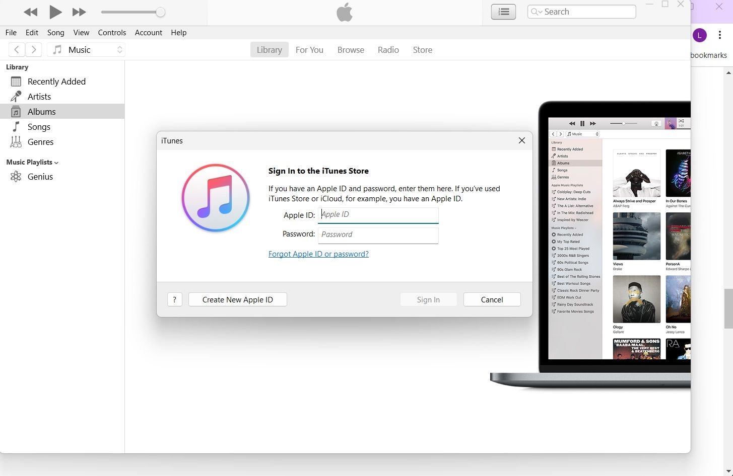 O pop-up pop-up de login é exibido na janela do iTunes para Windows com 'Criar novo ID Apple' visível no canto inferior esquerdo do pop-up.