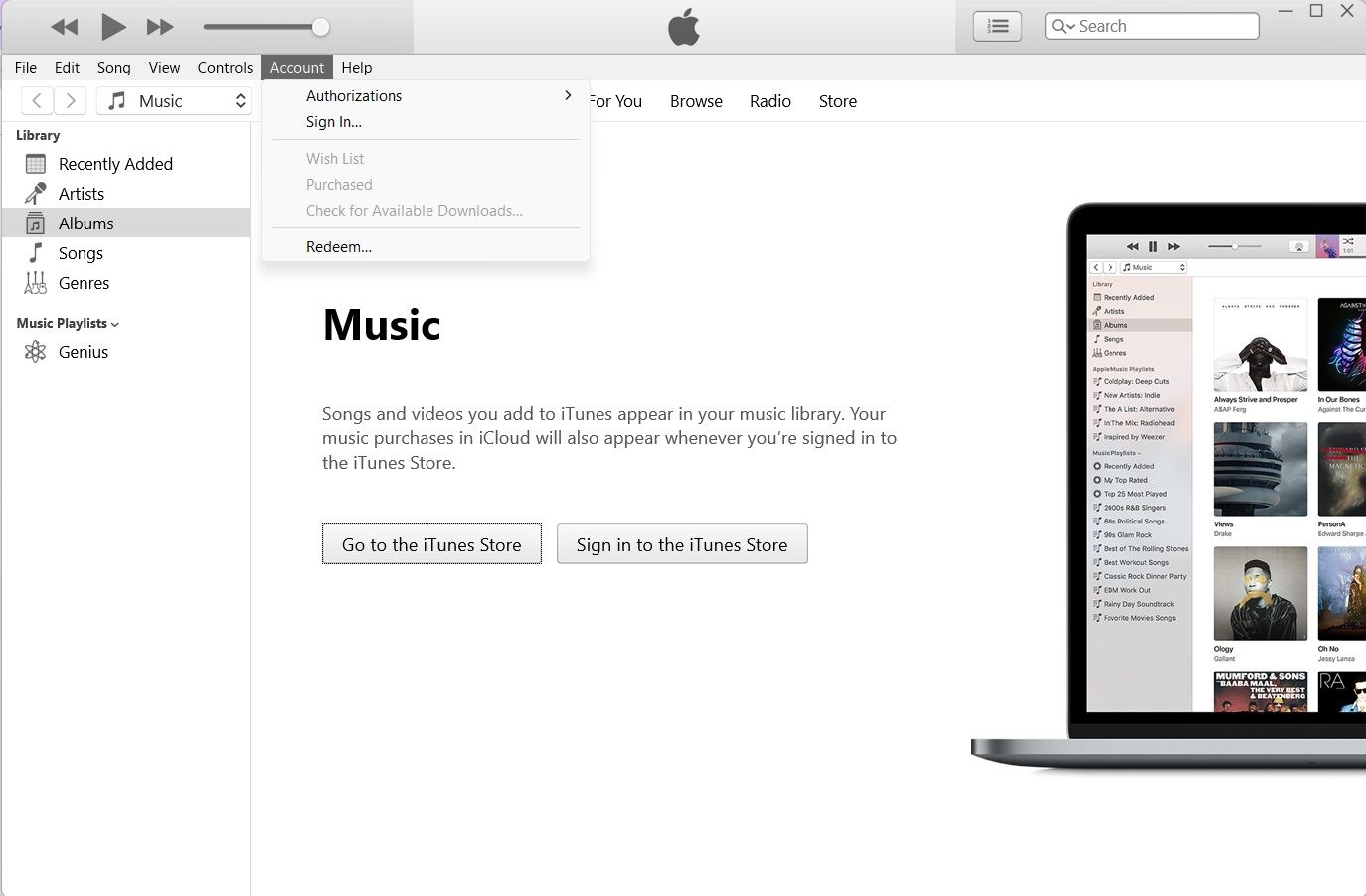 Página principal da página do iTunes para Windows com os menus suspensos 'Conta' e 'Entrar' destacados perto do topo.