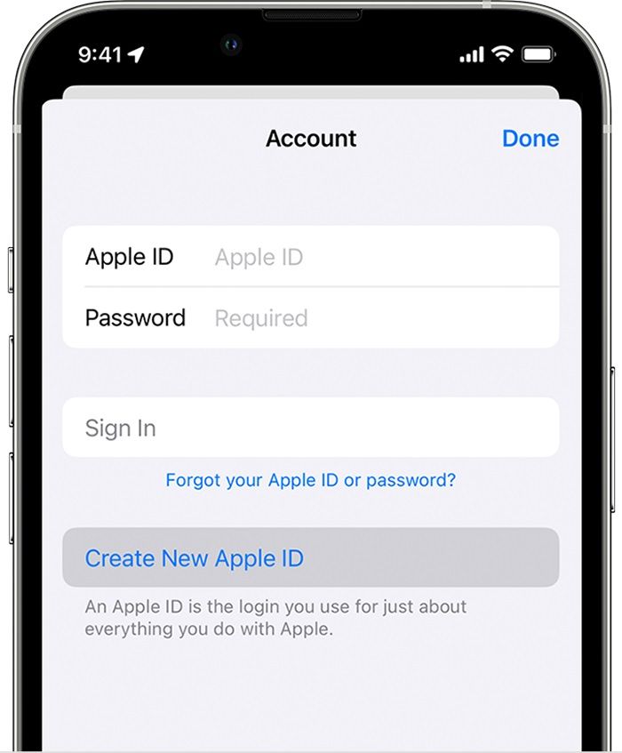 Página de login da conta na App Store com a opção ‘Criar novo ID Apple’ destacada.