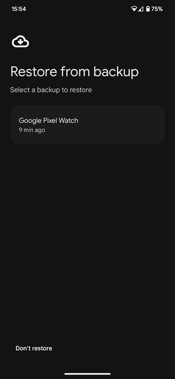 captura de tela da restauração do aplicativo Pixel Watch da tela de backup