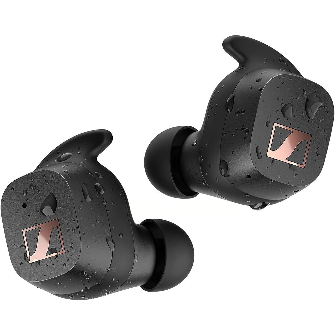 Fones de ouvido sem fio verdadeiros Sennheiser Sport para treinos retratados com gotas de água para comunicar a impermeabilidade