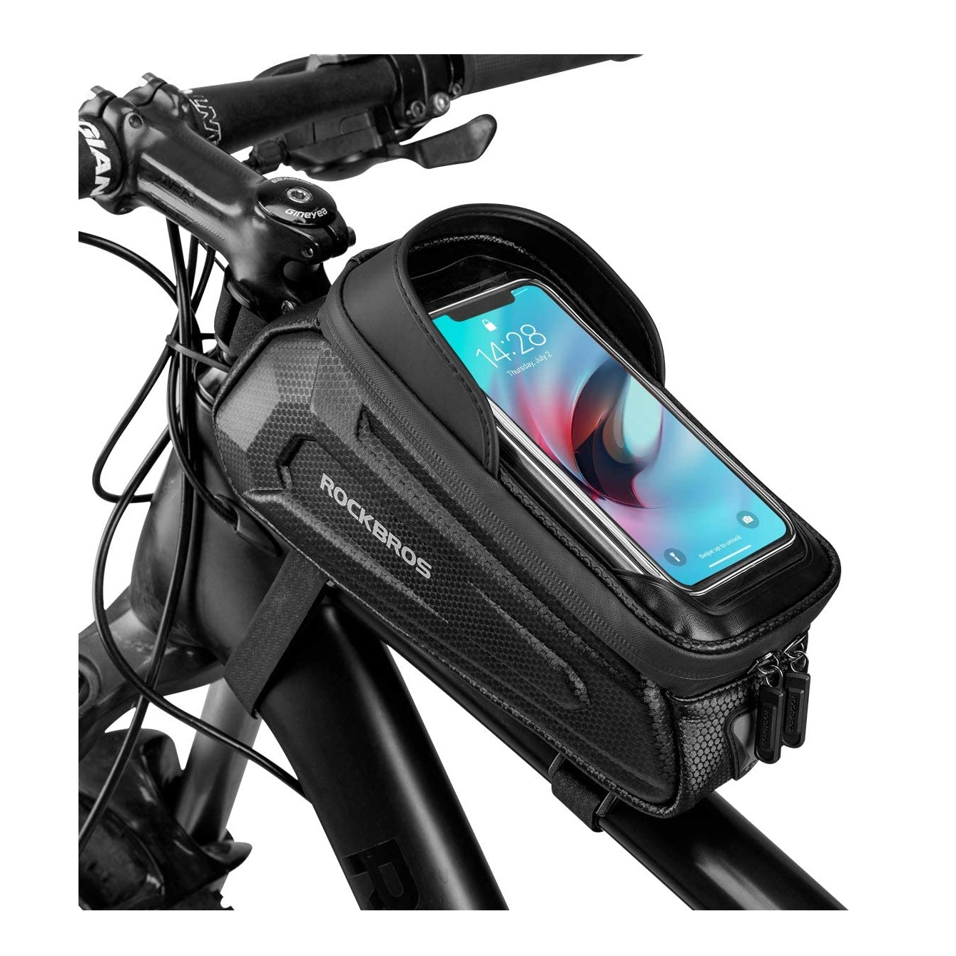 bolsa de telefone de bicicleta rockbros em um quadro de bicicleta em um fundo branco