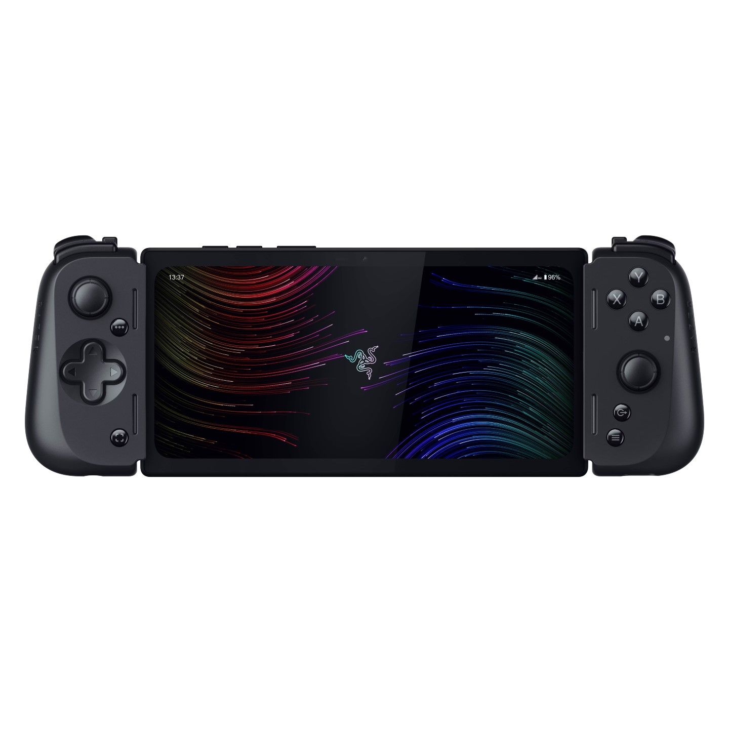 Visão horizontal frontal do Razer Edge com controlador conectado