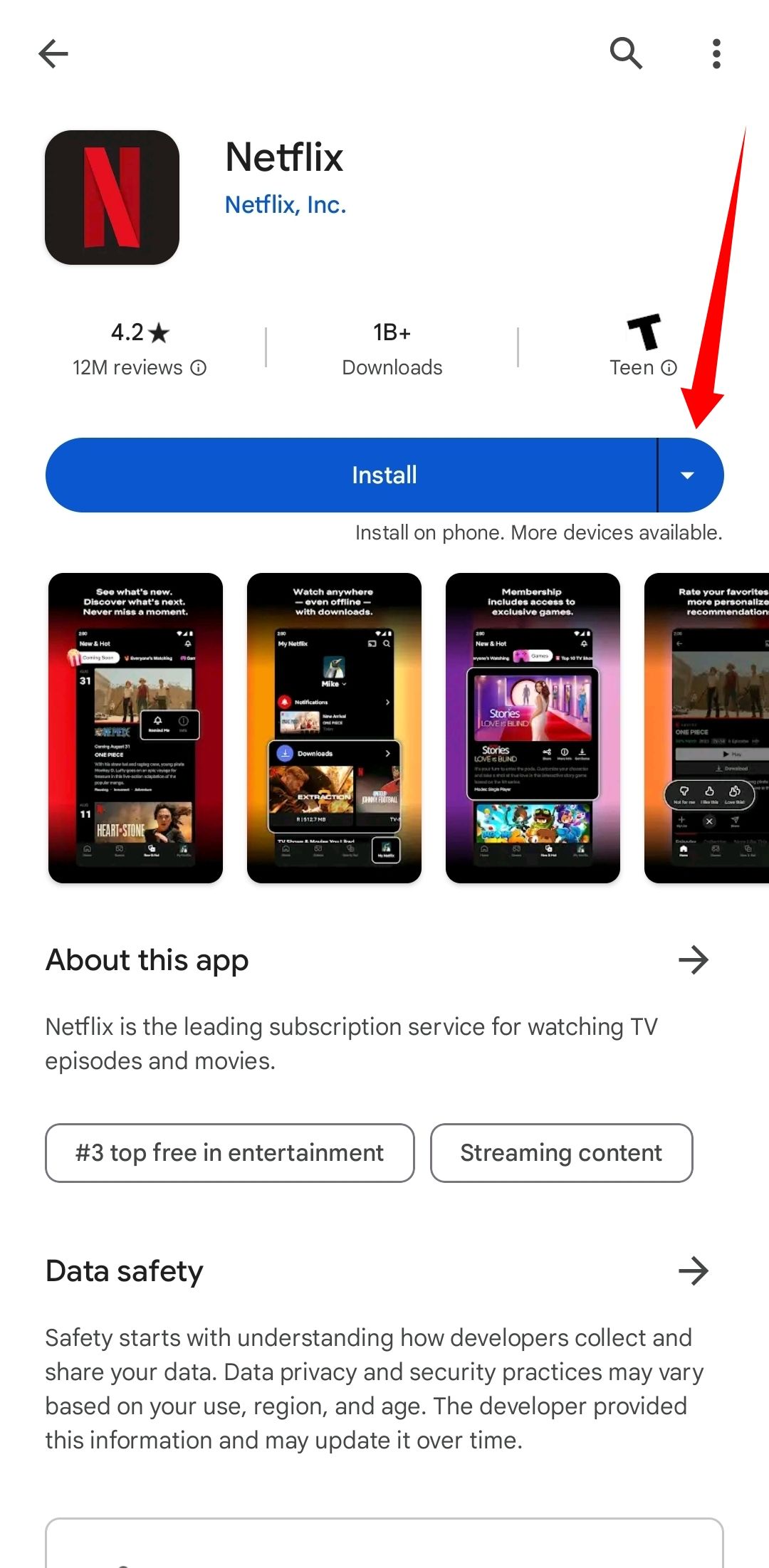 Captura de tela da página de instalação do aplicativo Netflix na Google Play Store