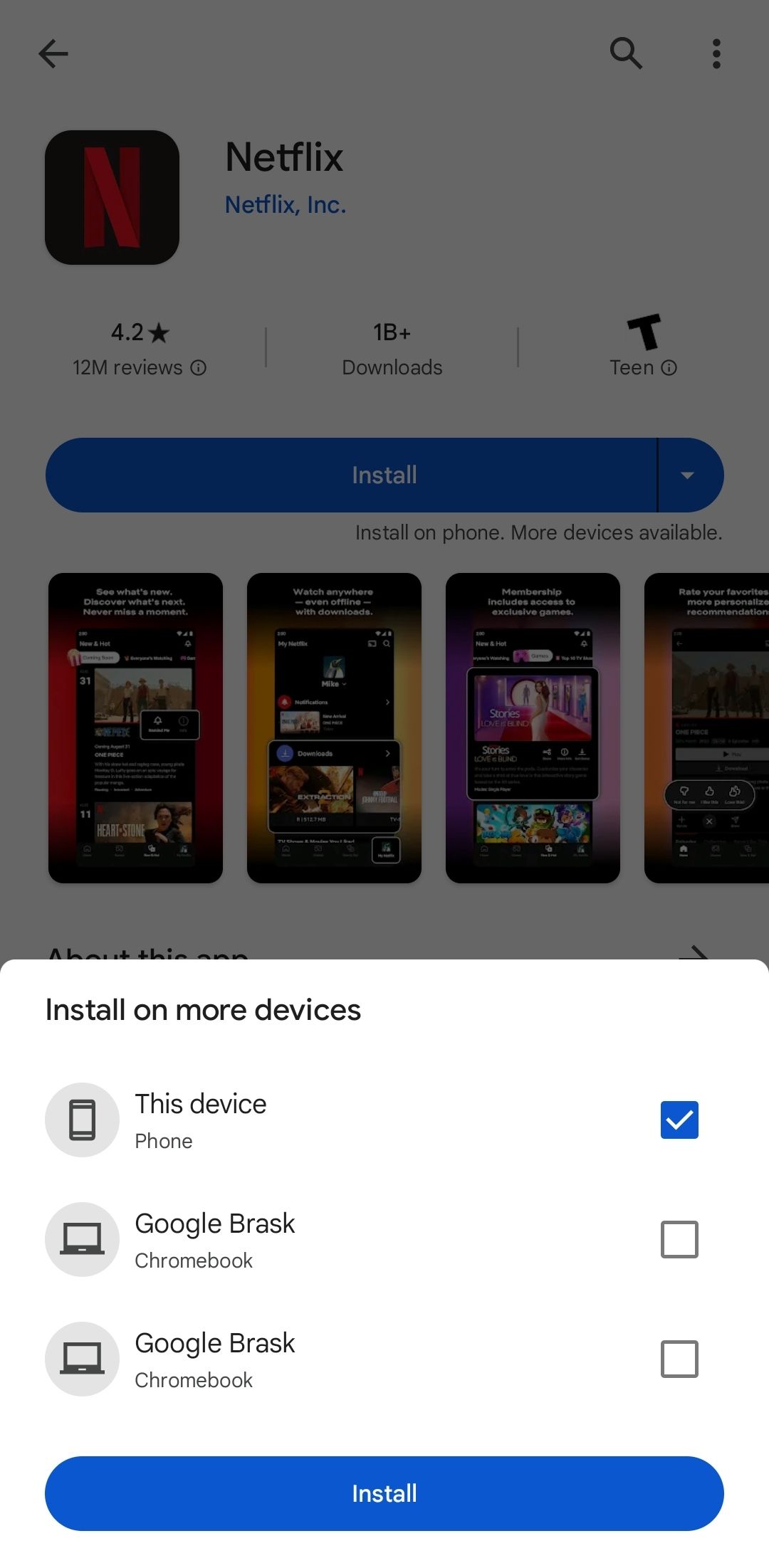Captura de tela mostrando a capacidade de instalar aplicativos do Google Play em vários dispositivos