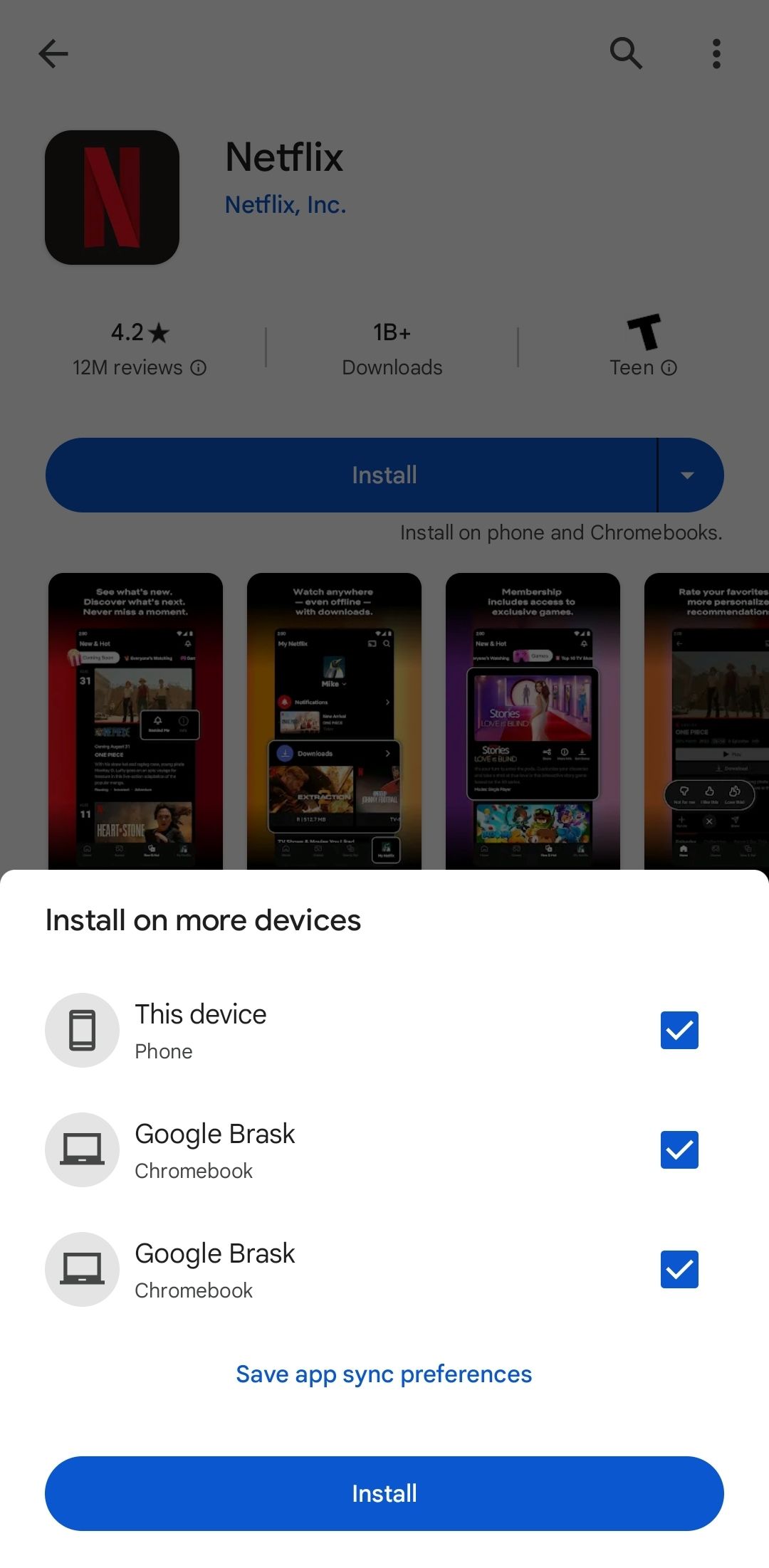 Captura de tela mostrando vários dispositivos selecionados para instalação de um aplicativo do Google Play