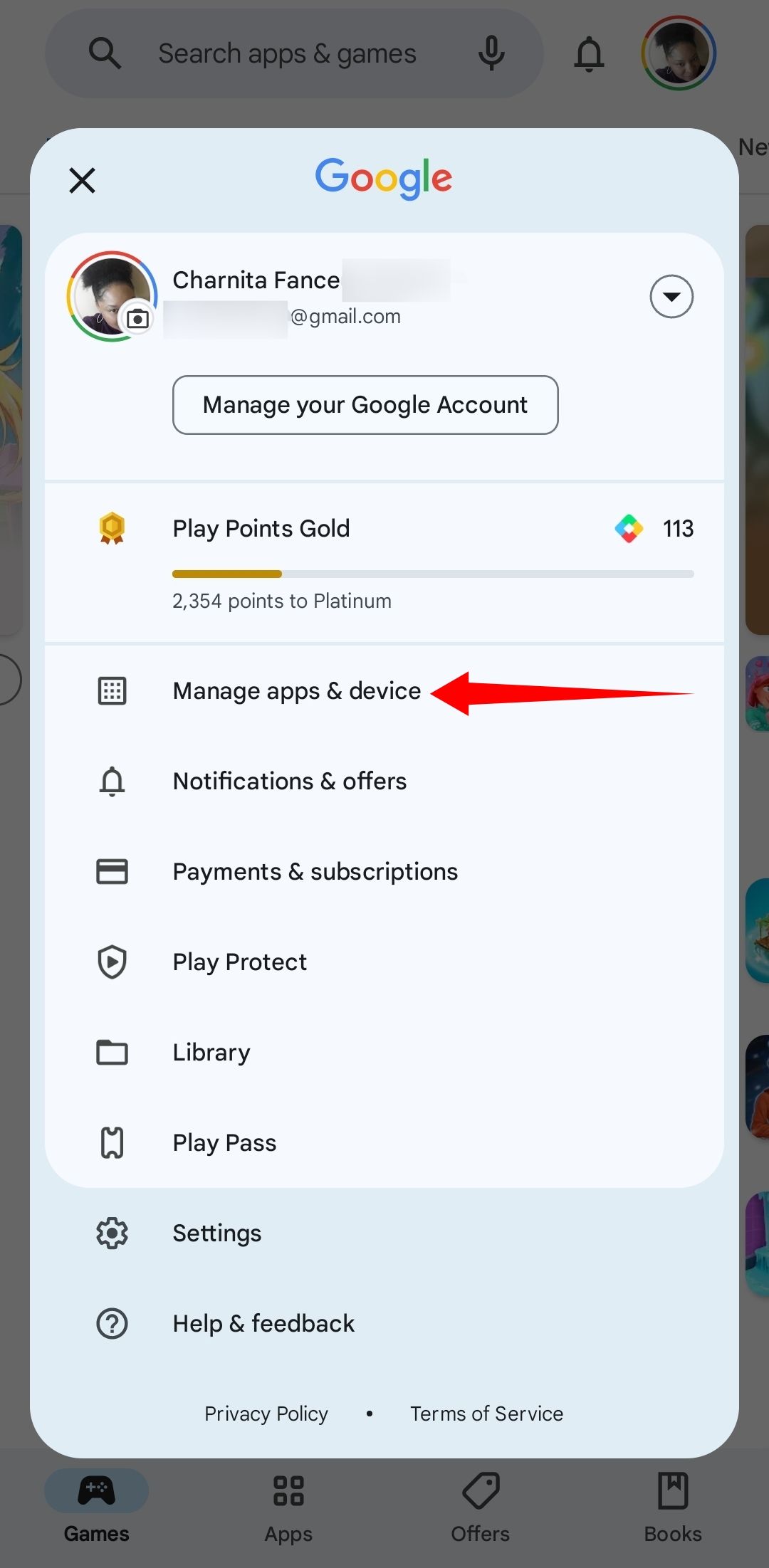 Captura de tela da opção de menu Gerenciar aplicativos e dispositivos no aplicativo móvel Google Play Store