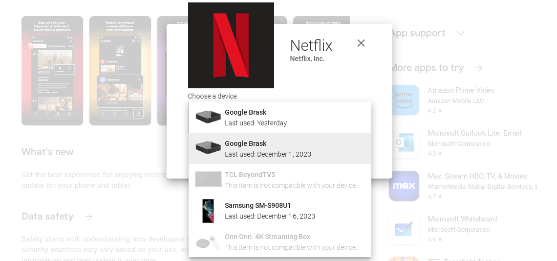 Captura de tela da opção escolher um dispositivo expandida na Google Play Store