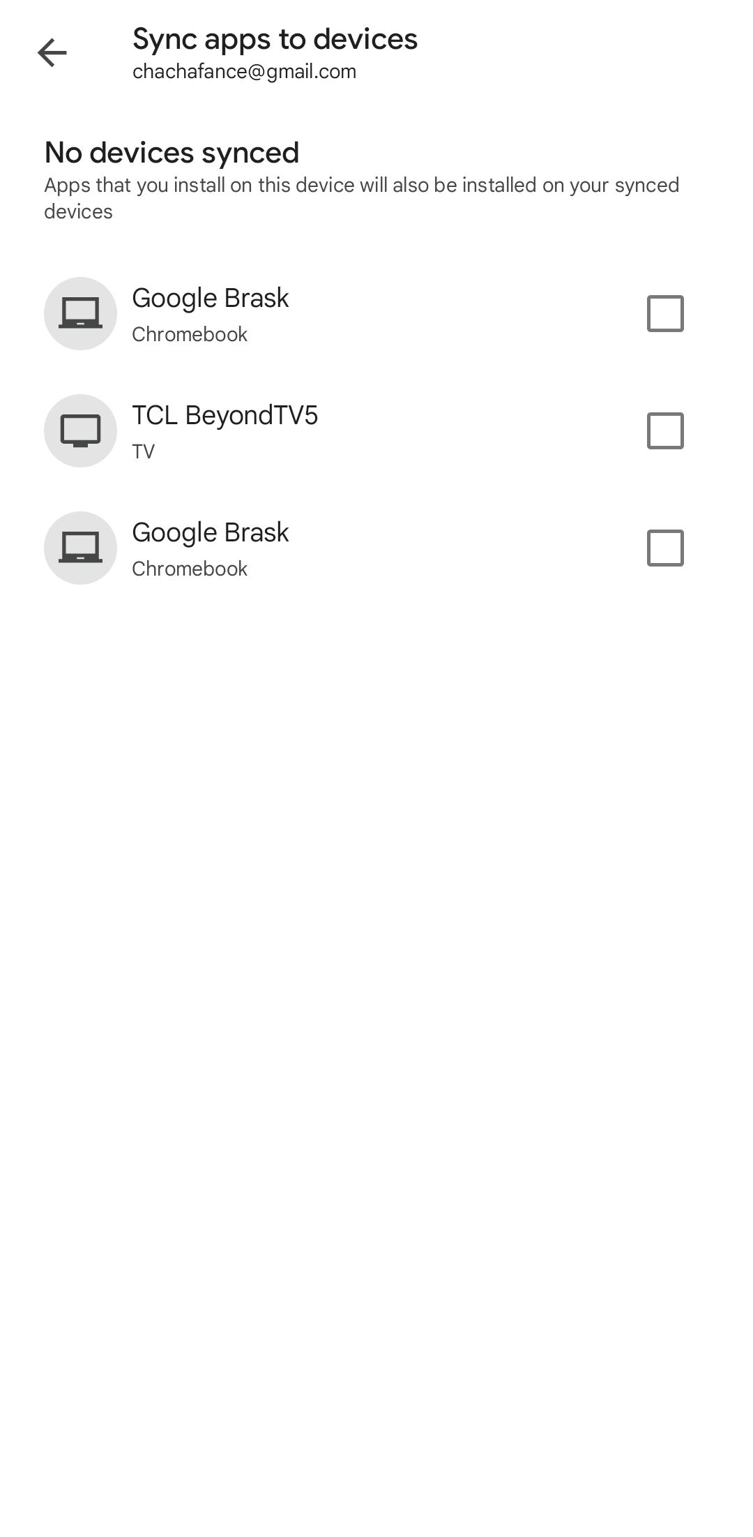 Captura de tela das opções de sincronização de aplicativos com dispositivos no aplicativo móvel Google Play Store