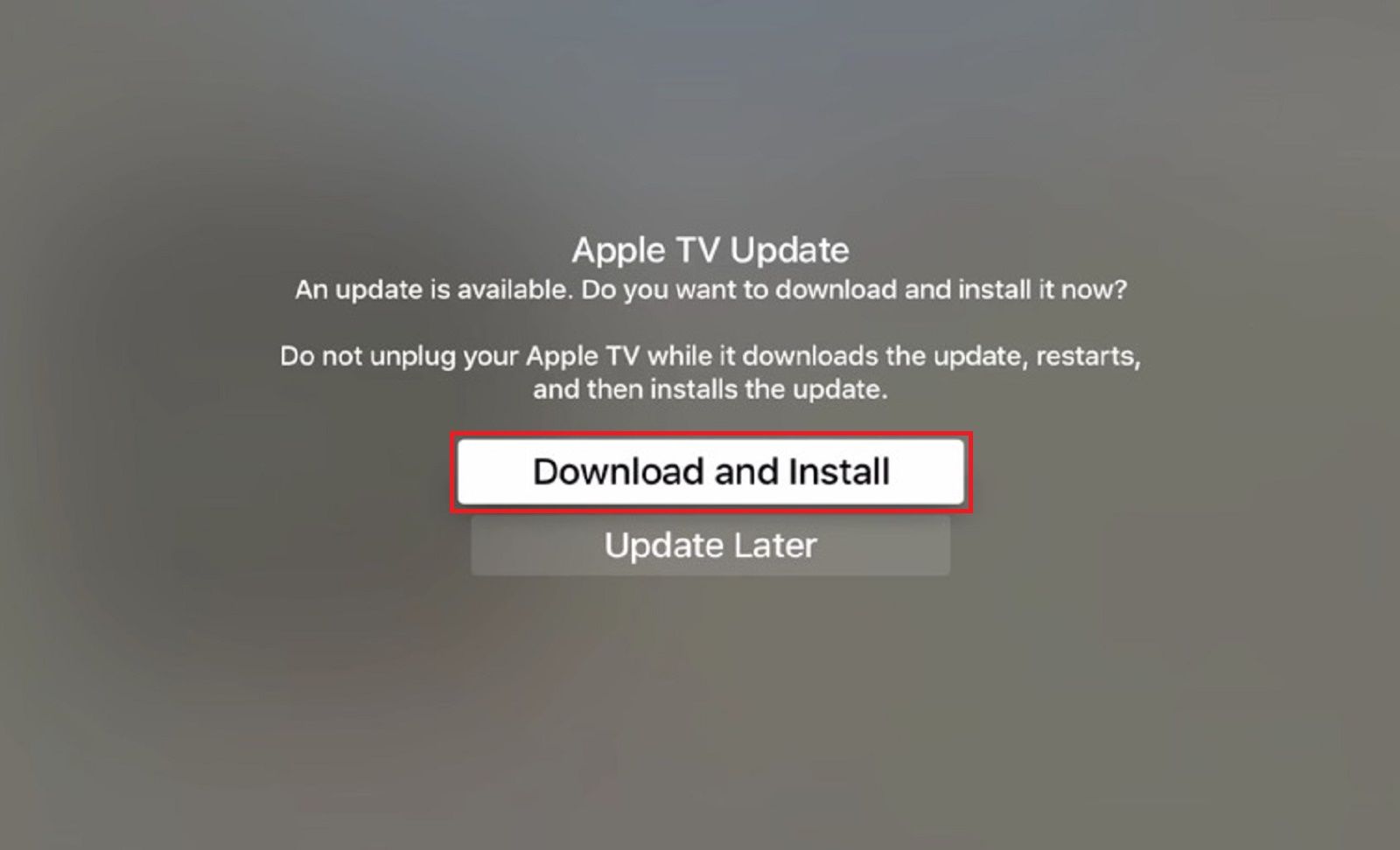 Uma captura de tela do menu Baixar e instalar atualização do Apple TV