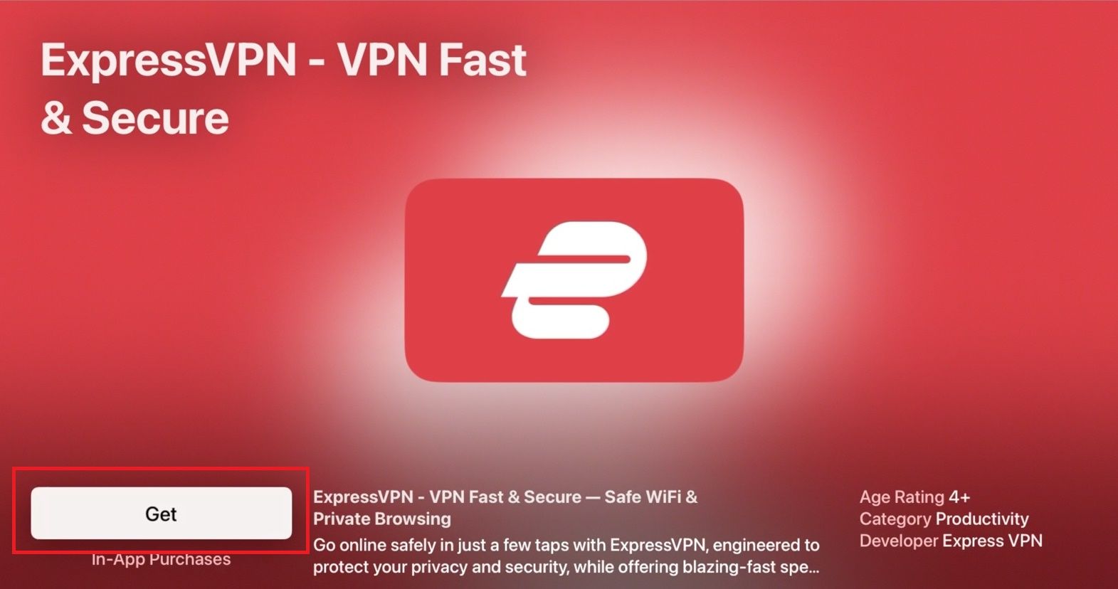 Uma captura de tela da página inicial do aplicativo ExpressVPN na Apple TV App Store