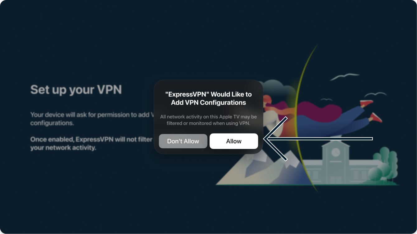 Uma captura de tela do aplicativo ExpressVPN na Apple TV solicitando a adição de configurações de VPN