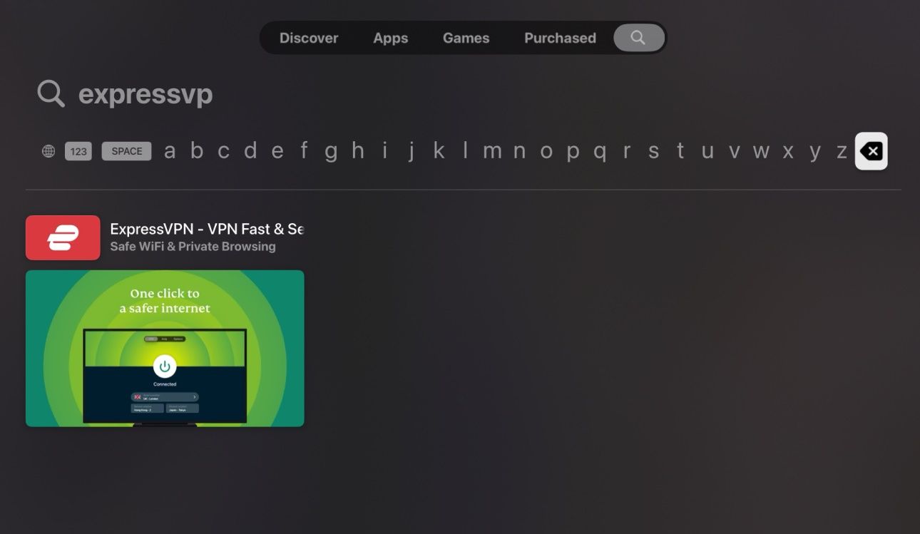 Uma captura de tela da ExpressVPN na interface de pesquisa da App Store da Apple TV
