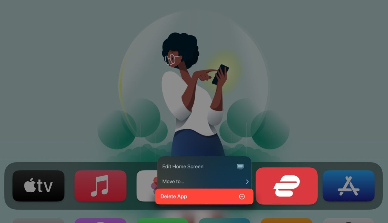 Uma captura de tela mostrando a interface para excluir o aplicativo ExpressVPN na Apple TV