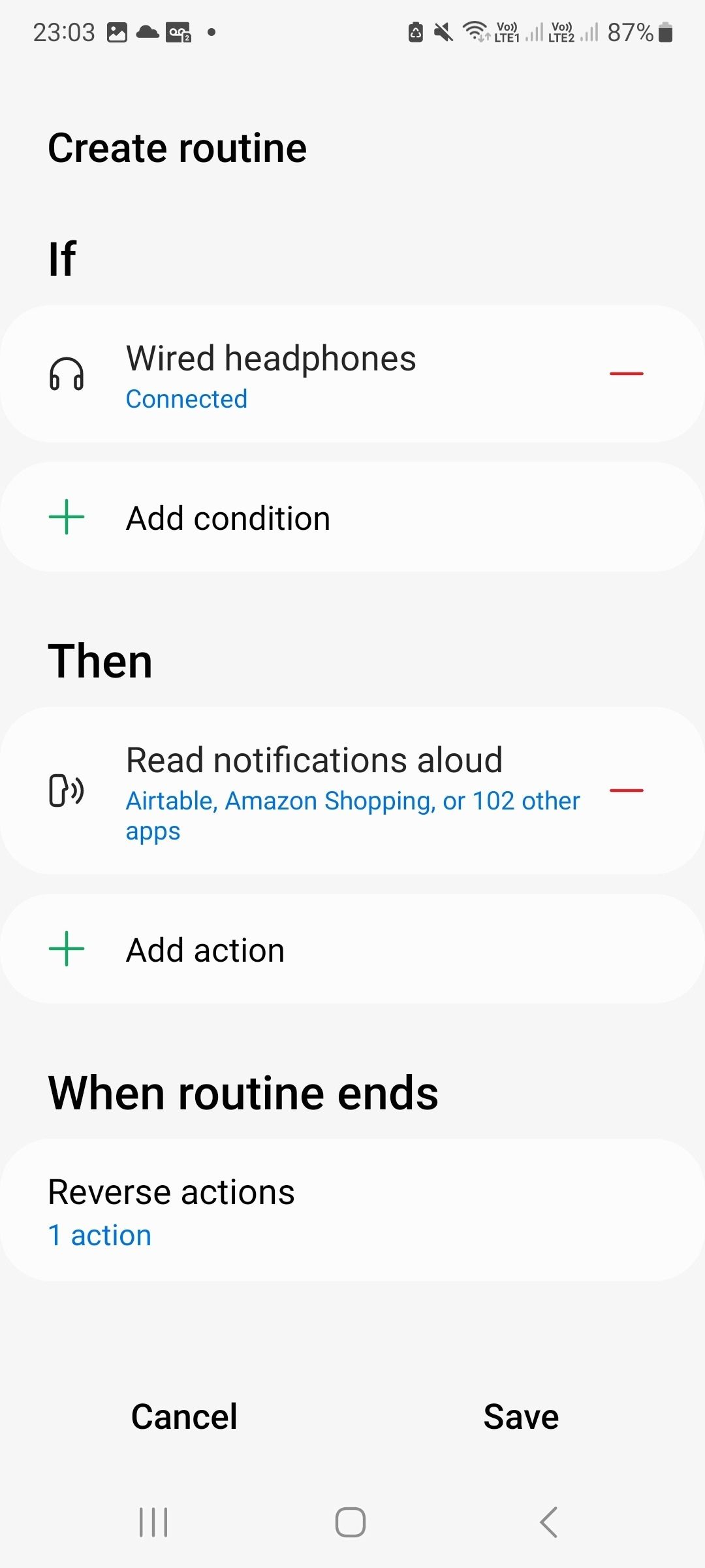 Captura de tela do aplicativo bixby mostrando as configurações de rotina selecionadas