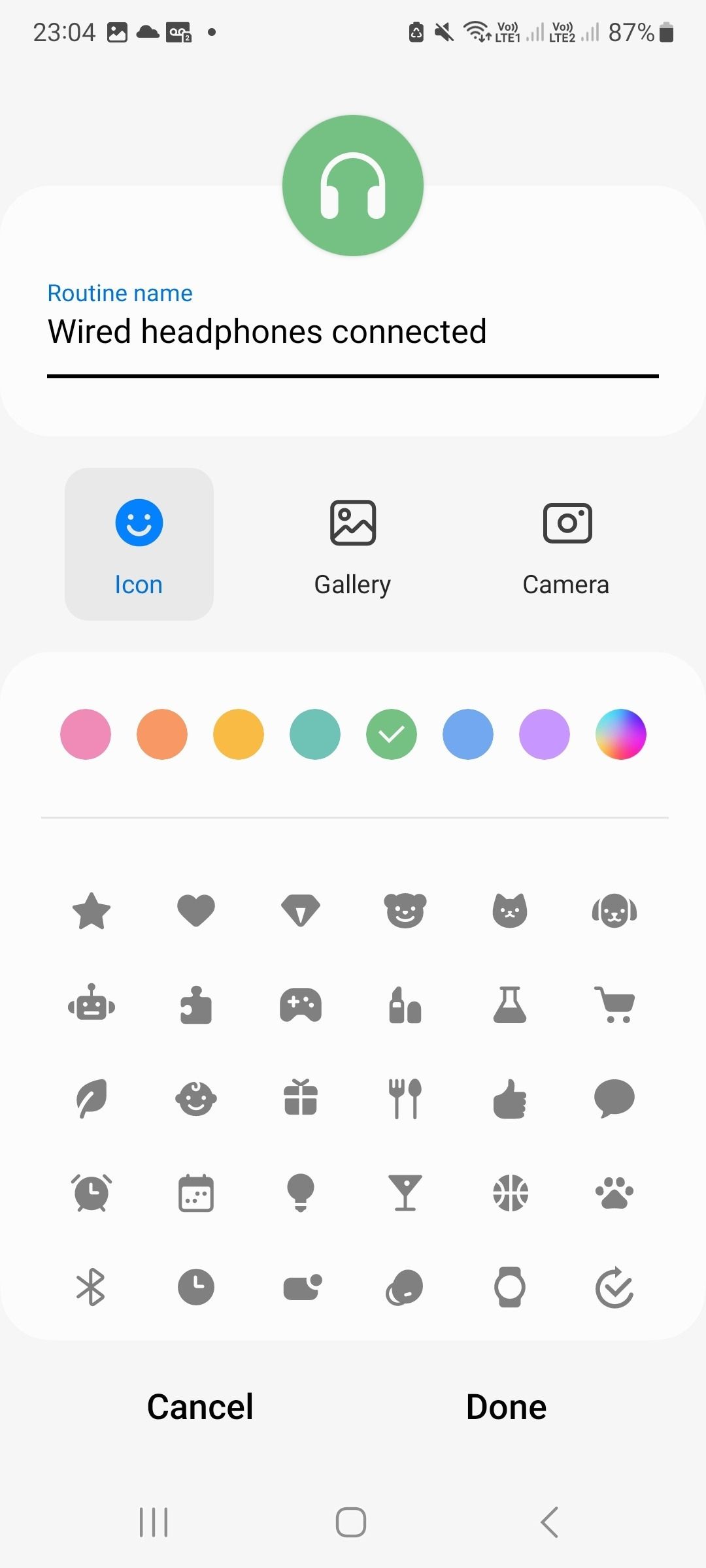 Captura de tela da tela de seleção de ícones da rotina bixby
