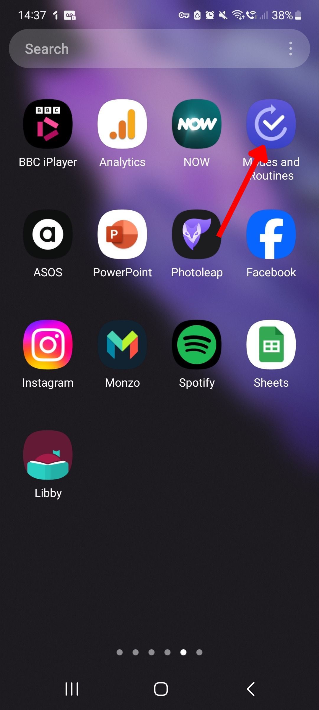 captura de tela mostrando o ícone do aplicativo modos e rotinas bixby na gaveta de aplicativos