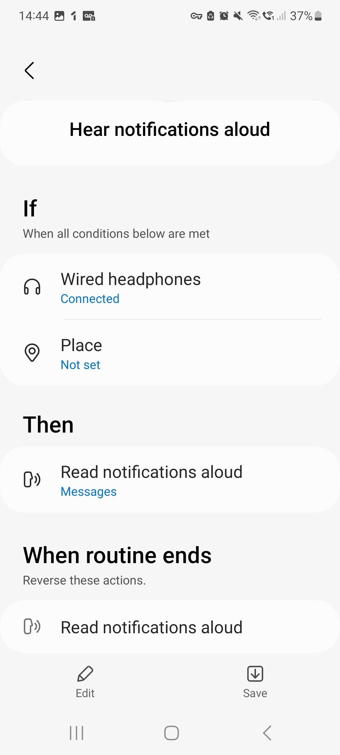captura de tela da rotina predefinida bixby ouvir notificações em voz alta