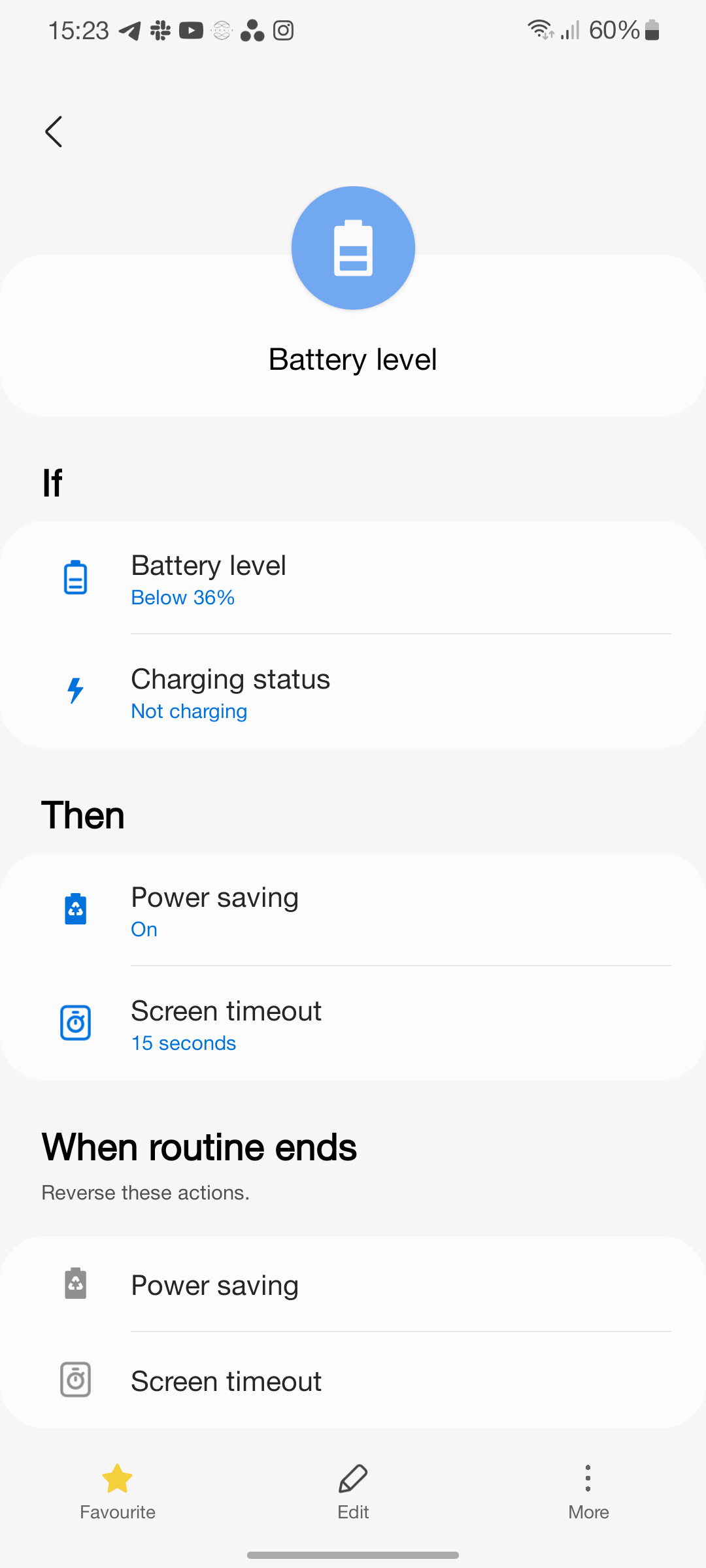 Captura de tela mostrando rotinas Bixby acionadas pelo nível da bateria